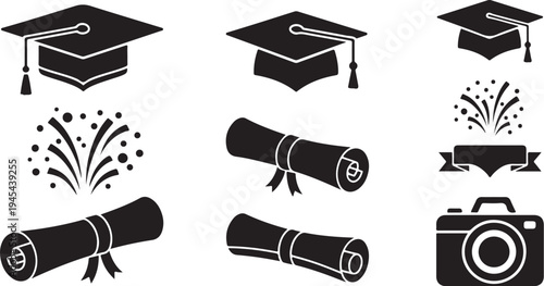 Graduation icons with caps, scrolls, and celebration elements