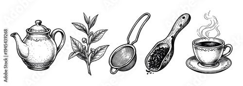 Vintage hand-drawn tea ceremony set with a classic teapot, plant branch, strainer, wooden scoop, and a steaming cup in an engraving sketch style
