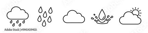 Set of five weather and water icons in a minimalist black line art style showing rain, clouds, sun, and a splashing drop for a forecast or meteorology concept