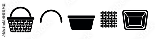 Set of black basket icons and elements presented as simple silhouettes, including a container with a handle, a woven texture, and a top view for various design concepts