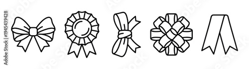 Set of black line art ribbon and bow icons showing various styles for gifts, awards, and decoration, including a rosette, a classic bow, and a pom-pom bow in a minimalist vector style