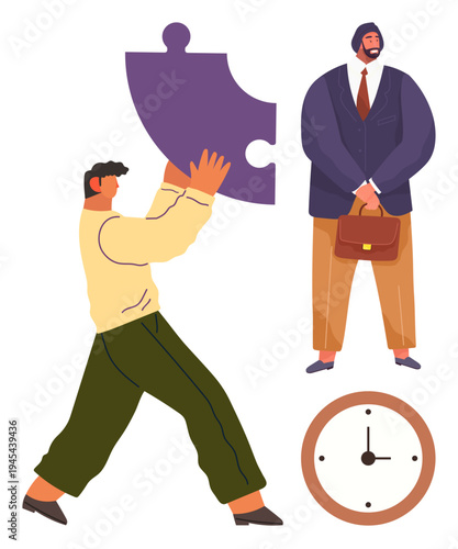 Teamwork, time management, business strategy, problem-solving, project planning, leadership. A man holding a puzzle piece near a clock and another man with a briefcase. Teamwork and time management