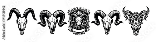 Set of five black ram skull illustrations with large curved horns in various graphic styles, including tribal patterns, ornamental crests, and simple line art for tattoo designs