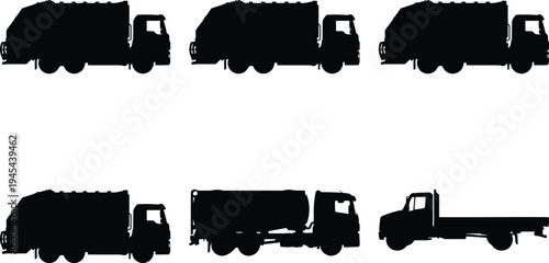 Collection of black silhouette vector illustrations of various trucks including garbage trucks, flatbeds, and semi-trailers on a white background.
