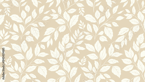White Leaves Pattern on Beige Background.