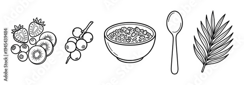 Set of hand-drawn breakfast food icons including a bowl of granola, fresh berries, sliced fruit, a spoon, and a tropical leaf in a minimalist black and white line art style