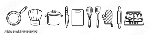 Set of black line art kitchen and cooking icons showing a pan, chef hat, pot, knife, board, whisk, spatula, mitt, rolling pin, and stovetop in a simple minimalist vector illustration