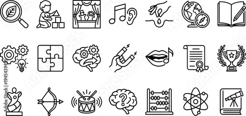 Collection of science and education icons featuring research, learning, knowledge, and discovery symbols