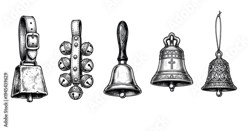 Collection of five vintage bells including a cowbell, jingle bells, handbell, and church bell in a detailed black and white hand-drawn sketch illustration style