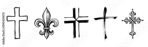 Set of various hand-drawn religious symbols including Christian crosses and a fleur-de-lis, illustrated in black ink with sketch, grunge, and ornate decorative styles