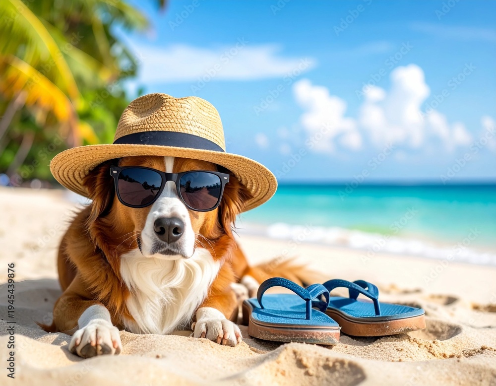 Obraz premium Dog lying on sandy beach in summer banner with sunglasses hat and flip-flops, fun vacation pet lifestyle concept for travel ads, seasonal visuals, copy space 