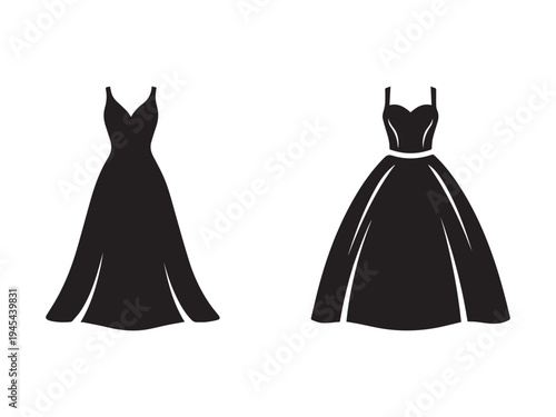 Silhouette of two elegant evening gowns with spaghetti straps and full skirts on white background  formal wear  dresses
