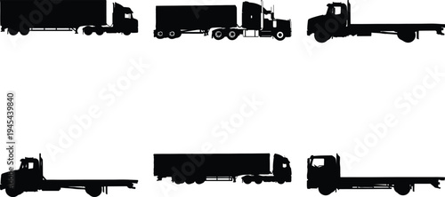 Assortment of black silhouette vector images of different trucks, including flatbed trucks, semi-trailer trucks, and garbage trucks, isolated on a white surface.