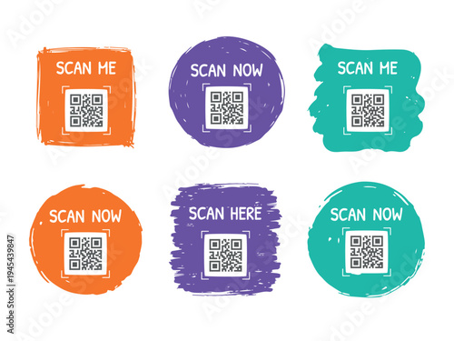 Collection of QR code scan labels with paint brush backgrounds. Scan me and scan now call to action frames for smartphone scanning, websites and digital banners