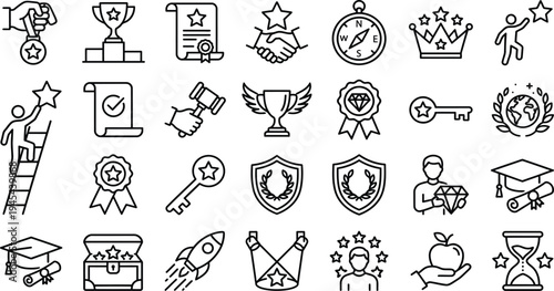 Large collection of success achievement and reward icons featuring medals trophies diplomas stars and career growth