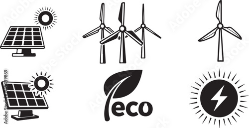 Eco friendly energy icons and solar panels illustration set