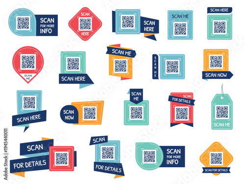 QR code scan labels collection with ribbons, tags and call-to-action banners. Scan me, scan here and scan now frames. Modern minimal vector set for mobile apps and websites