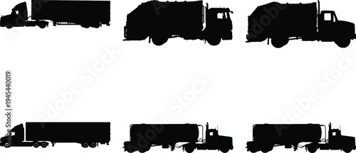 Group of black silhouette vector illustrations depicting various trucks like semi-trailers, tanker trucks, and garbage trucks, presented on a clean white background.