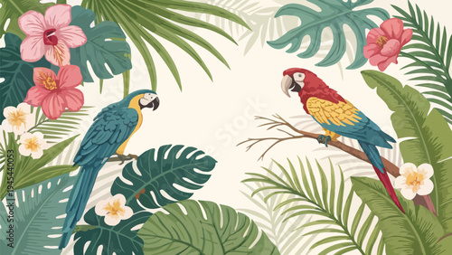 Vibrant tropical exotic birds parrots perched on branches surrounded by lush greenery and colorful flowers in jungle habitat