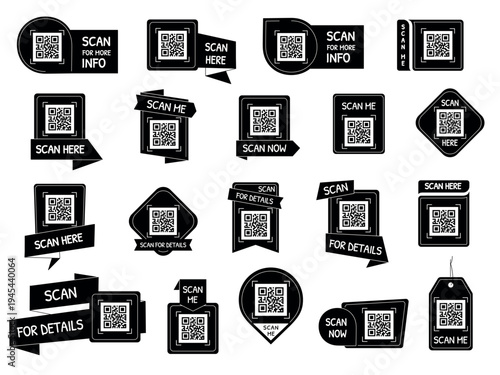 Set of black QR scan badges, banners and tags with call to action messages. Modern minimal vector templates for smartphone scanning and digital interaction