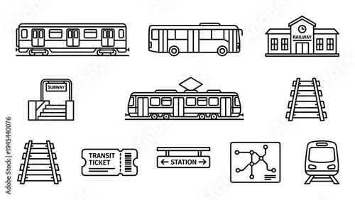 Set of public transport line icons featuring a train, bus, tram, station, ticket, and railway tracks in a minimalist black and white vector graphic style for transportation concepts