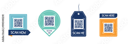 Set of QR code scan badges and stickers with call to action messages. Flat vector UI elements for smartphone scanning, digital interaction and website navigation