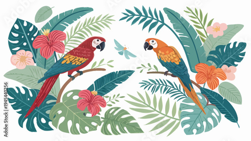 Vibrant tropical parrots perched on branches amidst lush greenery and colorful flowers in exotic jungle setting with butterfly