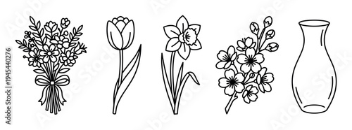 Set of black line art flower illustrations featuring a bouquet, tulip, daffodil, cherry blossom, and vase in a clean, minimalist graphic style for spring designs
