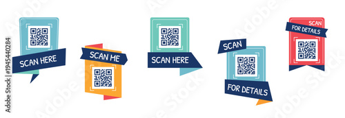 QR scan call-to-action labels collection with frames and badges. Scan here, scan now and scan me QR code elements. Modern minimal vector templates for mobile apps and websites