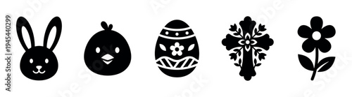 Collection of black Easter holiday icons featuring a bunny, chick, decorated egg, ornate cross, and flower, presented in a clean, minimalist graphic style for seasonal celebration