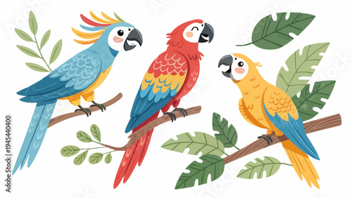 Vibrant tropical parrots perched on branches with lush green leaves colorful plumage on white background
