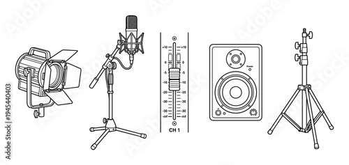 Set of professional studio equipment icons including a microphone, speaker, light, and stand in a clean black and white line art illustration style for production concepts