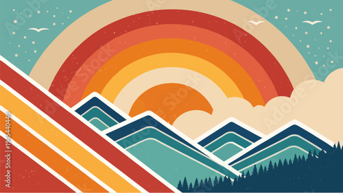 Vibrant abstract gradient banner with layered mountains rainbow sunset and stylized clouds in a serene landscape