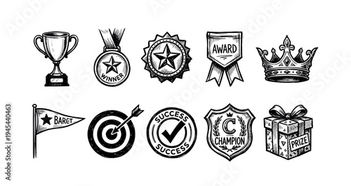 Collection of hand-drawn award icons representing success, including a trophy, medal, crown, target, and prize box in a black and white sketch doodle illustration style