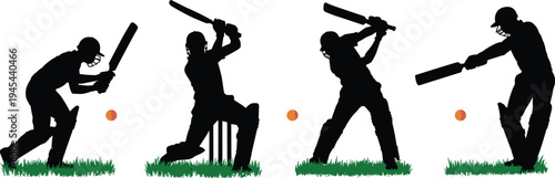 Cricket player batsman silhouette set, professional sports action poses on grass, match competition and championship vector design