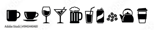Diverse collection of black beverage icons representing hot and cold drinks like coffee, tea, wine, beer, and cocktails in a minimalist vector silhouette graphic design set