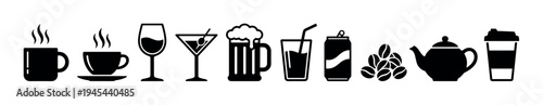 Set of black drink and beverage icons including a coffee mug, teacup, wine glass, martini, beer stein, soda can, teapot, and coffee beans in a simple silhouette vector style