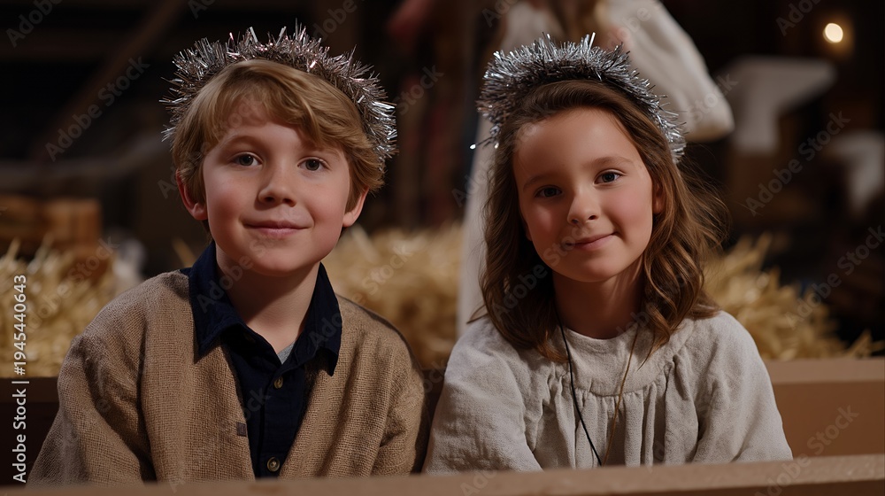 Naklejka premium Children's Christmas pageant in church fellowship hall, cardboard stable and tinfoil stars, parents filming on phones, kid angels with crooked halos, perfect for holiday tradition and contemporary
