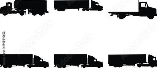 Collection of black silhouette vector illustrations of various trucks including semi-trucks, flatbed trucks, and tanker trucks on a white background.