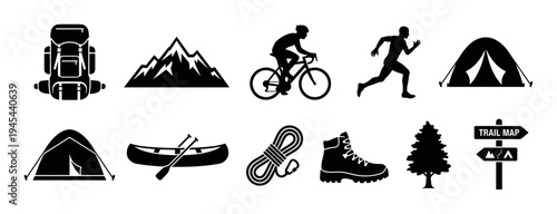 Set of black silhouette icons for outdoor activities like hiking, camping, cycling, running, and climbing, featuring a backpack, tent, mountain, canoe, and boot