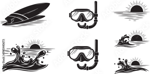 Surfing and Snorkeling Icons for Summer Vacation and Beach