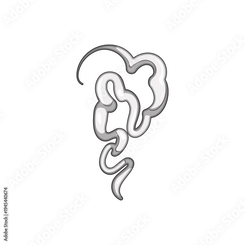 Stylized gray smoke puff rising as steam, vapor, or aroma in a simple cartoon vector icon style, clean white background, minimal clip art with light outline and wavy trails