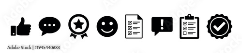 Collection of simple black glyph icons representing customer feedback, user rating, service quality, and satisfaction, featuring a like, comment, star, smile, and checklist