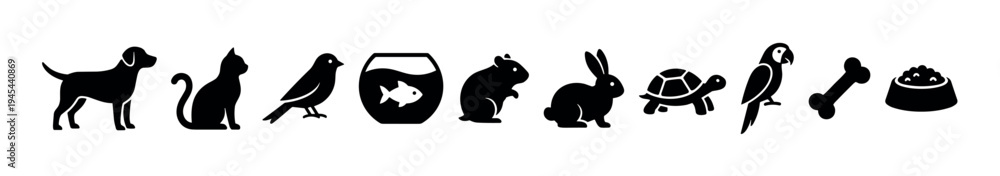 Fototapeta premium Set of black pet icons featuring a dog, cat, bird, fish, hamster, rabbit, turtle, parrot, bone, and food bowl, representing various domestic animals and pet care concepts