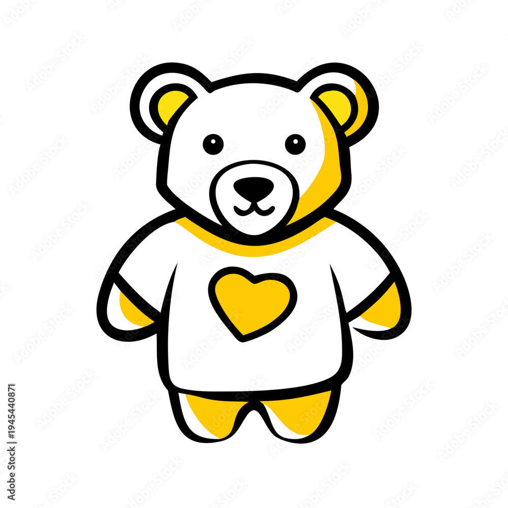 Obraz premium White bear cub illustration in t-shirt with heart design, charming cartoon graphic. Friendly bear cub stands upright, featuring yellow accents on ears and paws, ideal for children themed content.