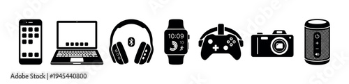 Set of black electronic device icons including a smartphone, laptop, headphones, smartwatch, game controller, camera, and speaker arranged in a minimalist graphic style