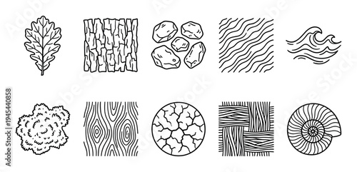 Set of ten black line art icons representing natural elements and organic textures, including an oak leaf, tree bark, stones, wood grain, ocean waves, moss, and a spiral shell