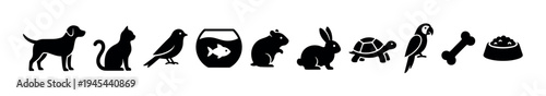 Set of black pet icons featuring a dog, cat, bird, fish, hamster, rabbit, turtle, parrot, bone, and food bowl, representing various domestic animals and pet care concepts