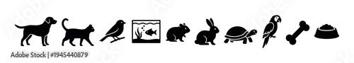 Set of black pet animal icons featuring a dog, cat, bird, fish in an aquarium, hamster, rabbit, turtle, parrot, bone, and food bowl in a minimalist graphic silhouette style