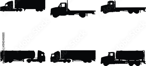 Collection of black silhouette vector art depicting various trucks, including semi-trucks, flatbeds, and tankers, essential for cargo and logistics.